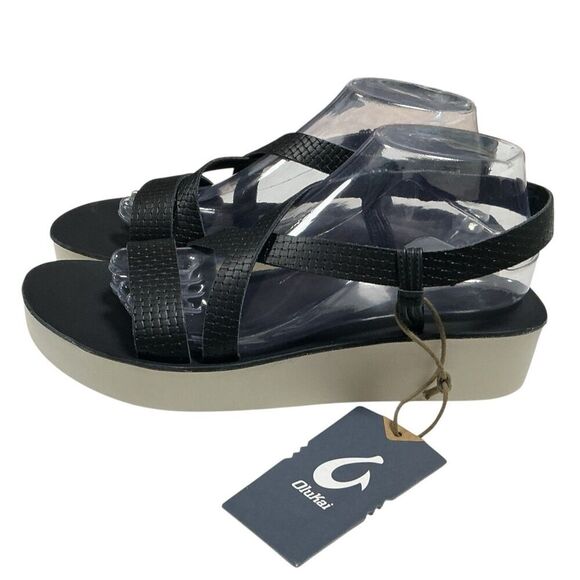 Olukai Sandals Womens 10 Black White Sand Onohi Strappy Leather Platform NEW - Picture 7 of 11